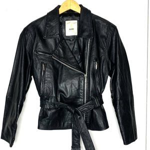 Black Leather Moto Biker Jacket Vintage 3‎ Front Pockets Belted Aventi 90s